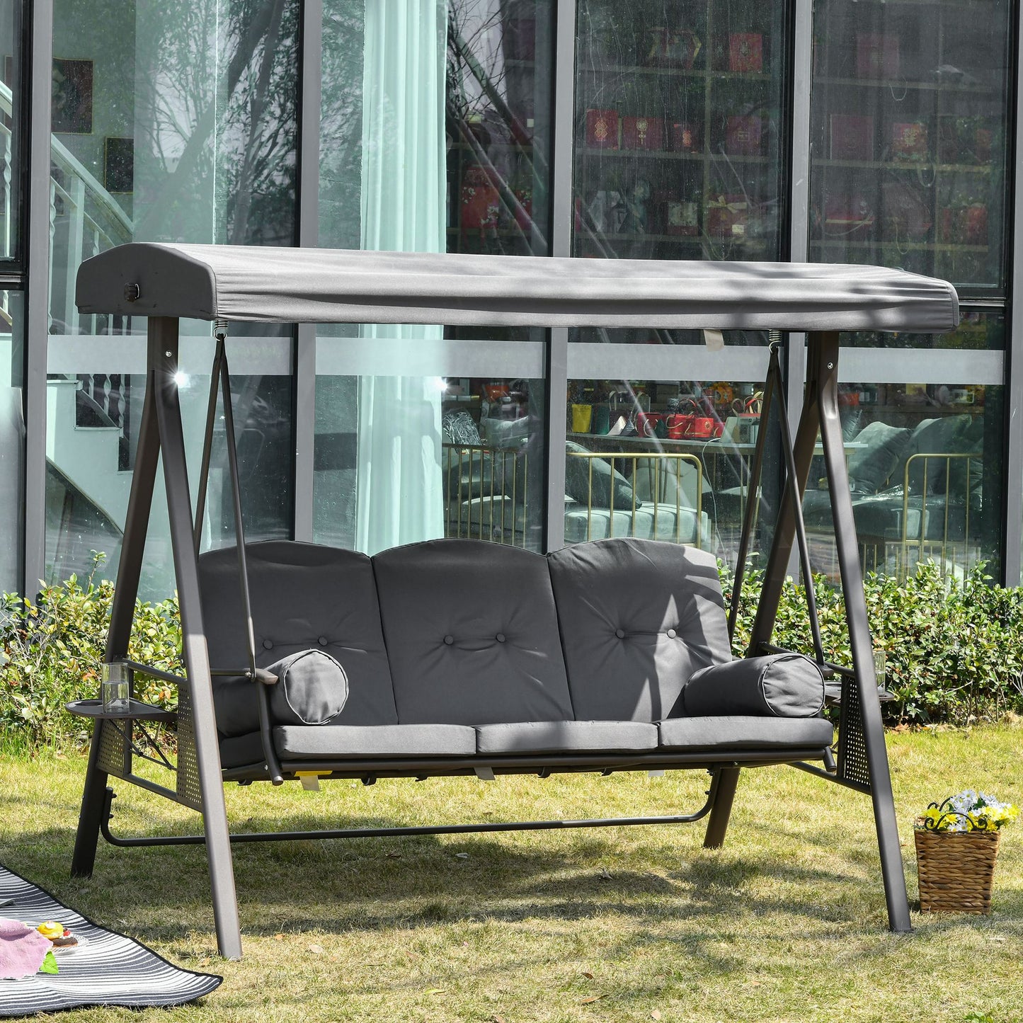 Outsunny Steel Swing Chair Hammock Garden 3 Seater Canopy w/ Cushions Shelter Outdoor Bench Grey 