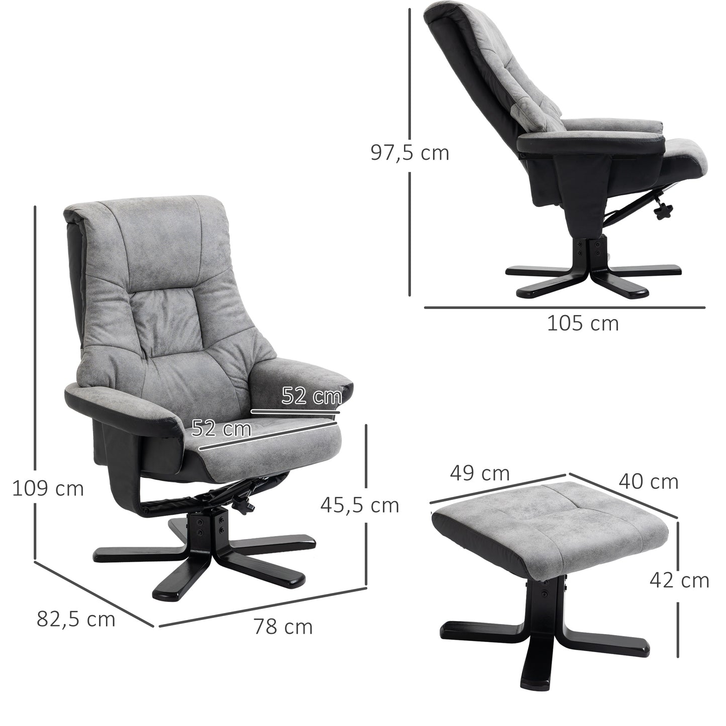 Grey Recliner Chairs, with Footstool, 360° Swivel Sofa Armchair Cushion Padded Seat Armrest Faux Leather