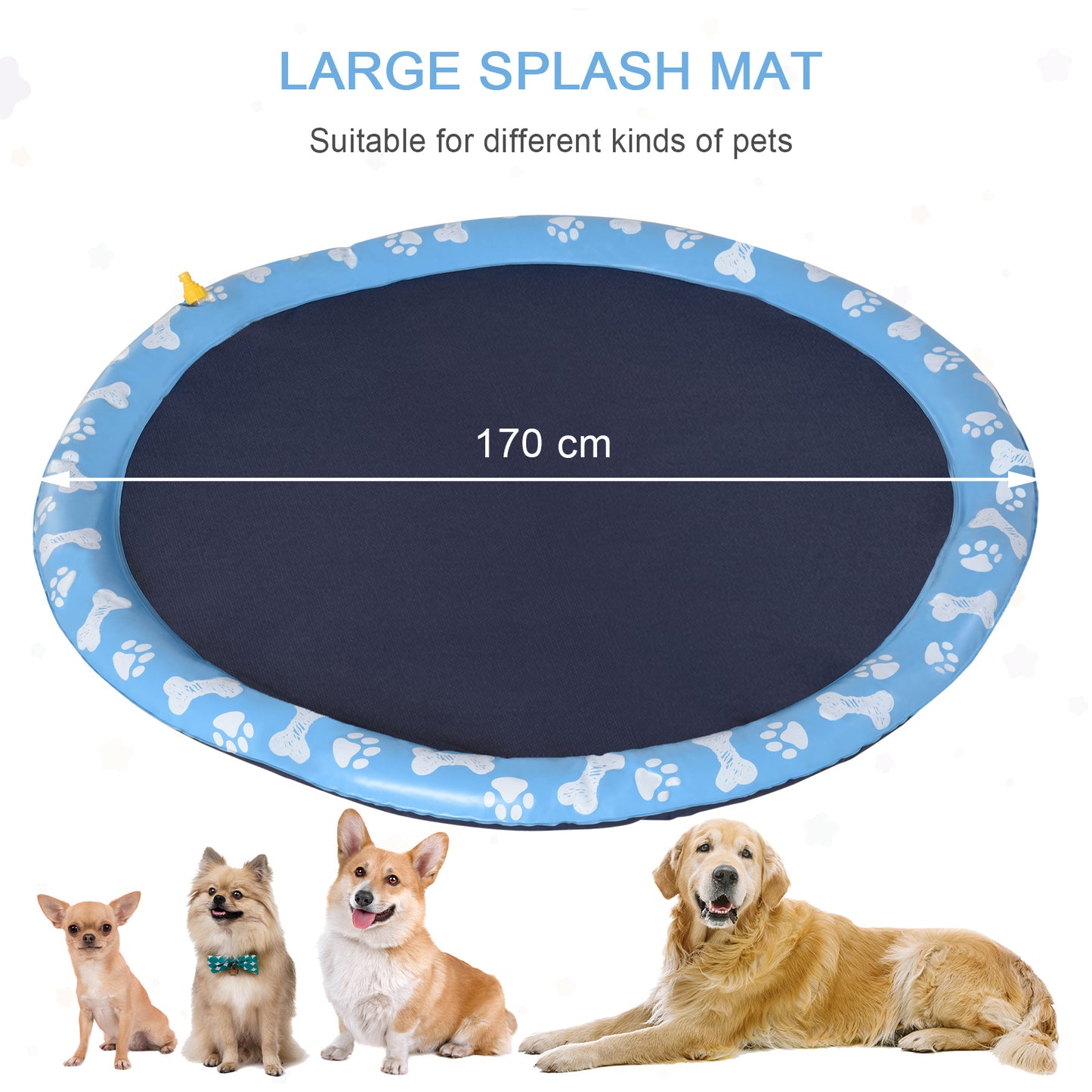 170cm Splash Pad Sprinkler for Pets Dog Bath Pool Water Game Mat Toy Non-slip Outdoor Backyard Blue