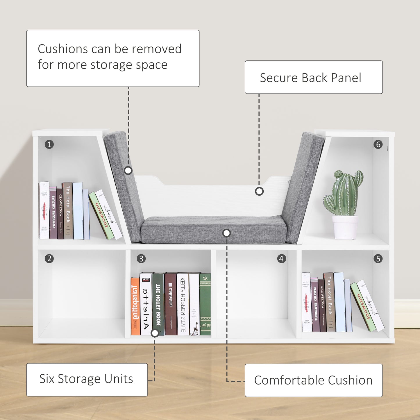 Bookcase Shelf Storage Seat Bedroom Living Room Organiser W/Particle Board Sponge Linen, 102W x 30D x 61Hcm-White/Grey