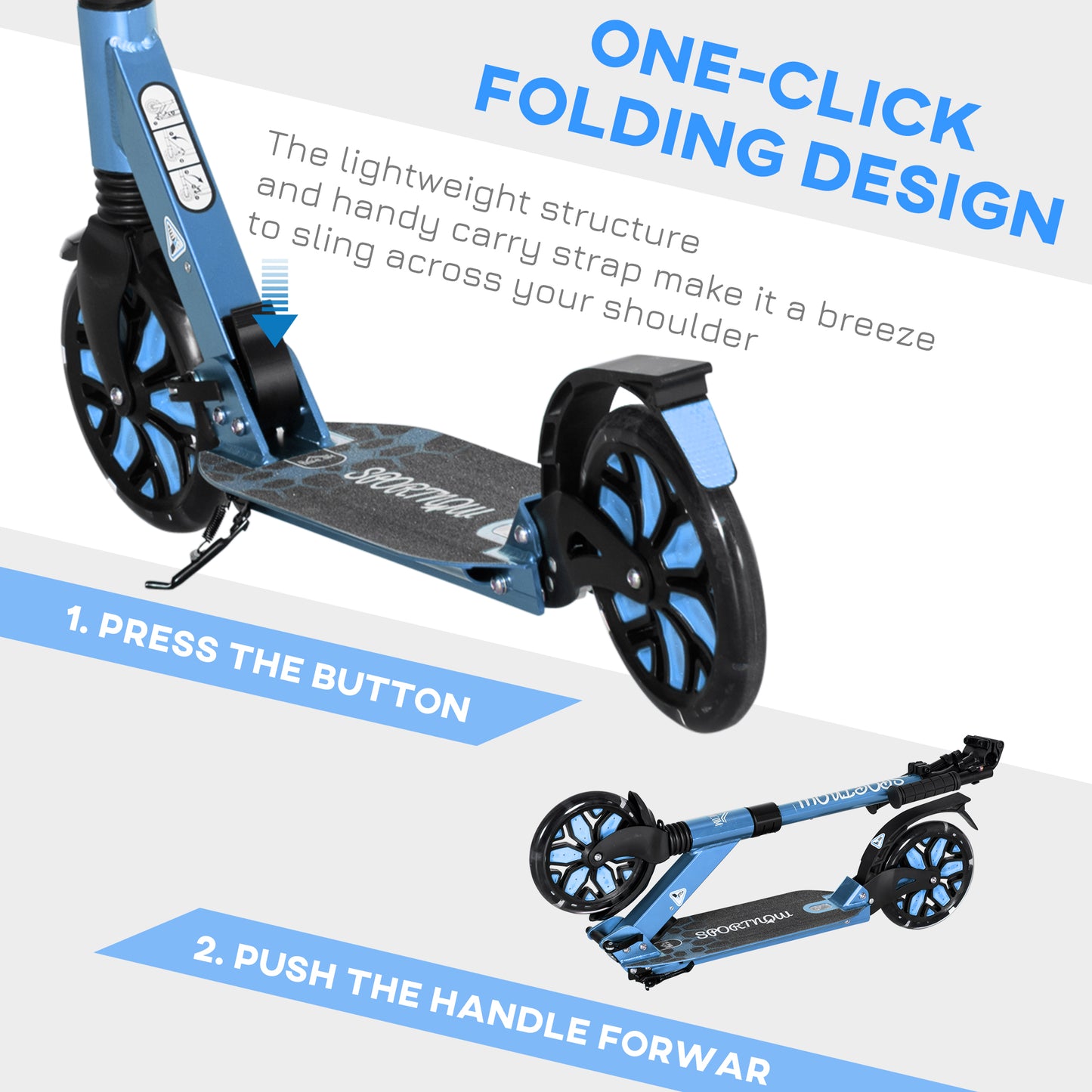 Adult Kick Scooter, with Dual Shock Absorber and ABEC-9 Bearing - Blue