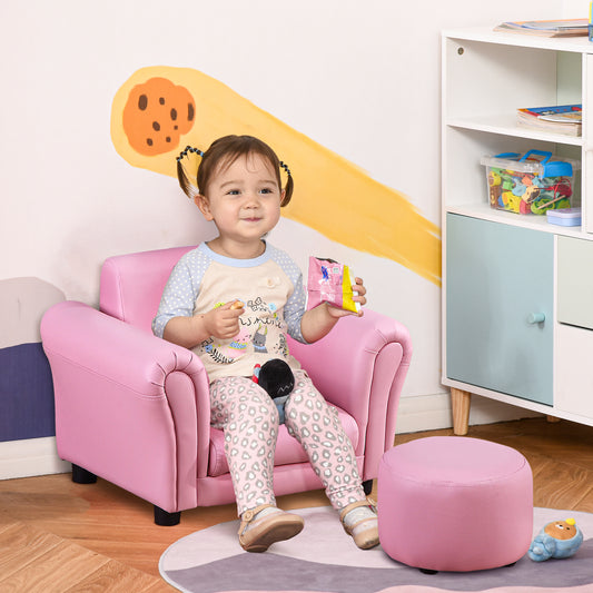 HOMCOM Toddlercouch,W/Footstool, PVC, Wood Frame, Pink 