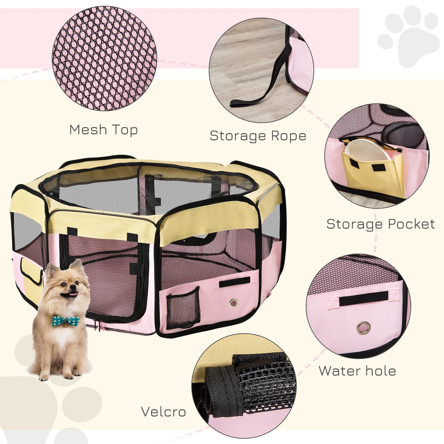 Fabric Folding Pet Playpen 8 Panels Octagon Shape Portable Rabbit Guinea Pig Play Pen L37 x H37cm x D90cm -Pink