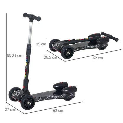 Childrens 3 Wheel Electric Scooter, Foldable, w/ Flashing Light, Height Adjustable, w/ Engine-Look Water Spray Black