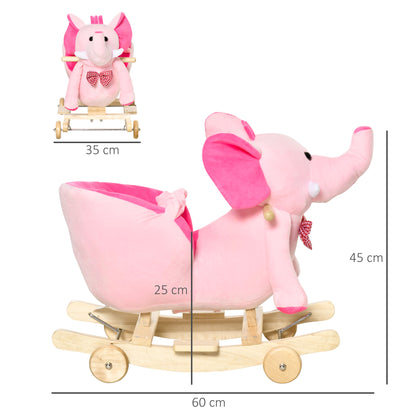 Elephant Rocking, Animal Rocker 2 in 1 Rocking Elephant Wooden W/Wheels and Sound - Pink