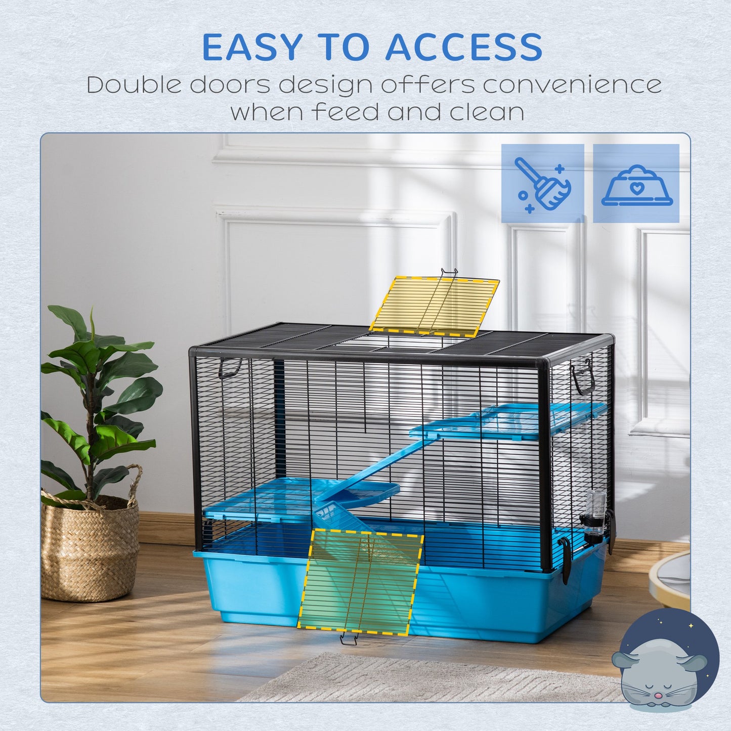 Hamster Cage Small Animal Cage Habitat for Guinea Pigs Chinchillas With Accessories, 80x48x58 cm, Light Blue