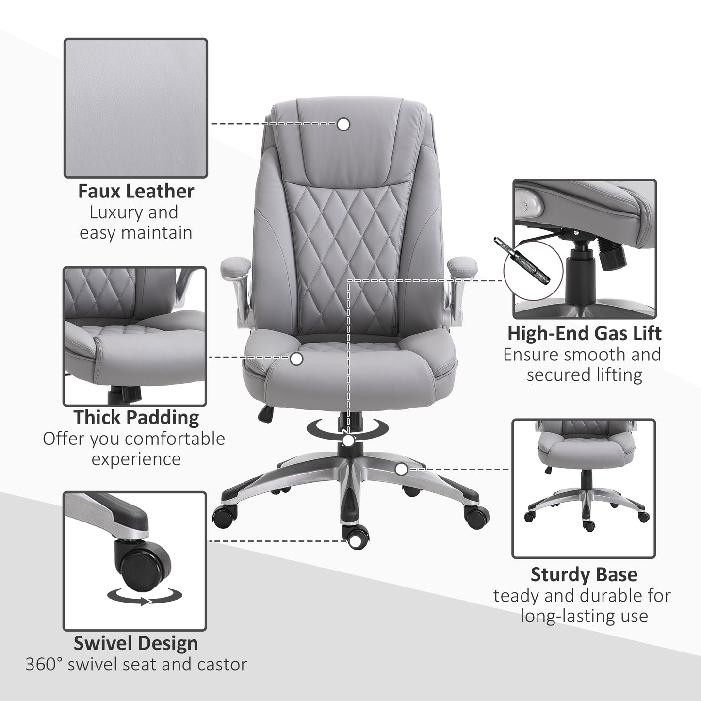 Ergonomic Executive Office Chair Sleek PU Leather 360 Rotation w/ Headrest in Grey