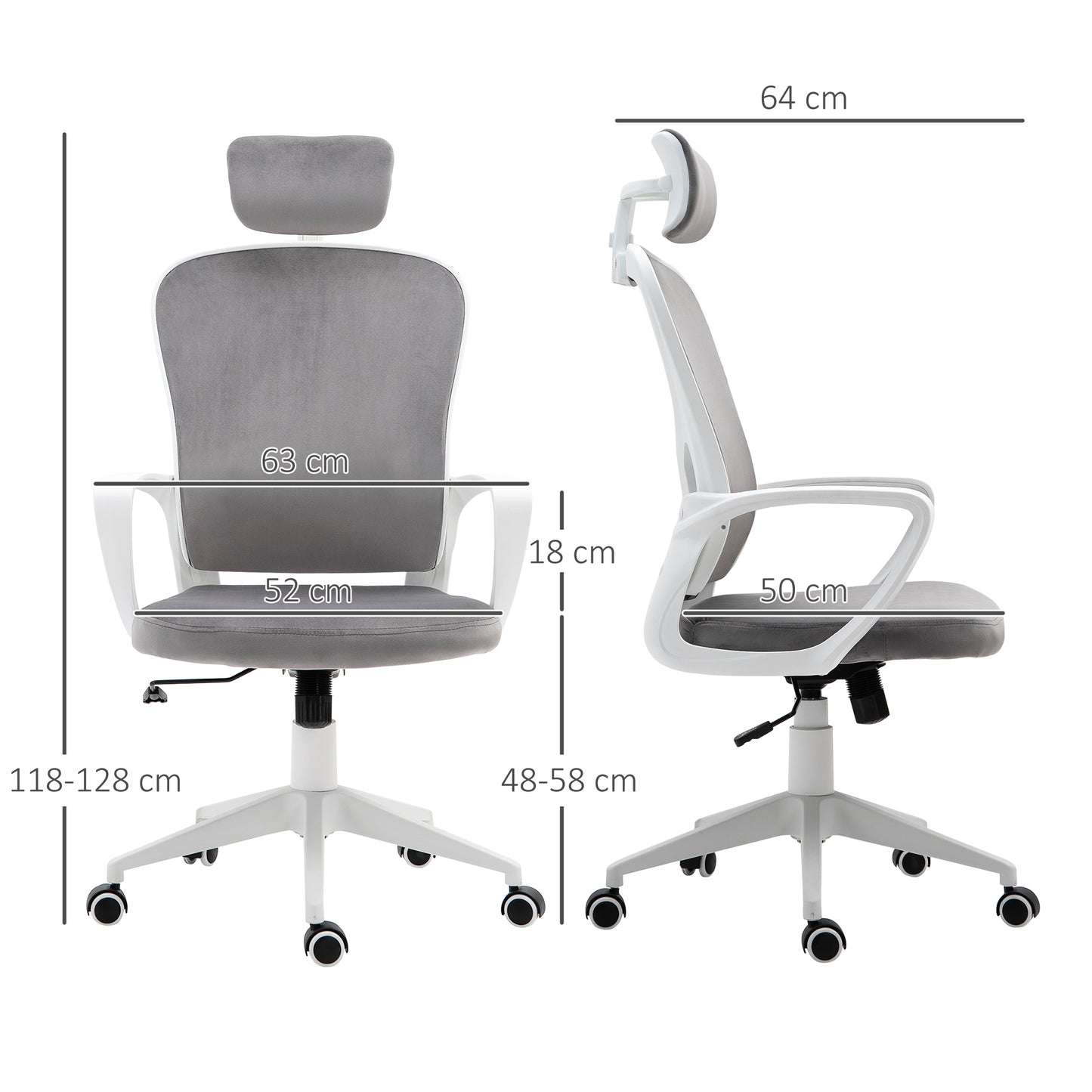 Ergonomic Office Chair High-Back Velvet Style Fabric Computer Home Rocking With Wheels, Rotatable Liftable Headrest, Grey