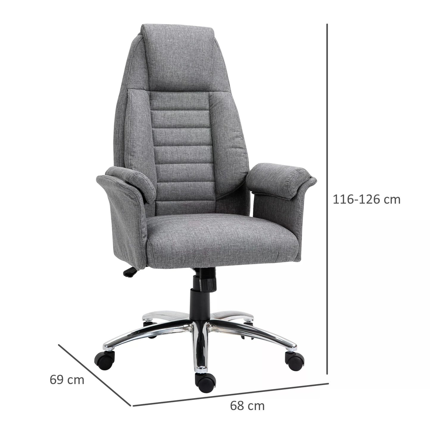 Homcom High Back Office Chair, Grey Desk Chair, Linen-Feel Fabric, Hight Adjustable, Rocking, Double-Tier Armrest