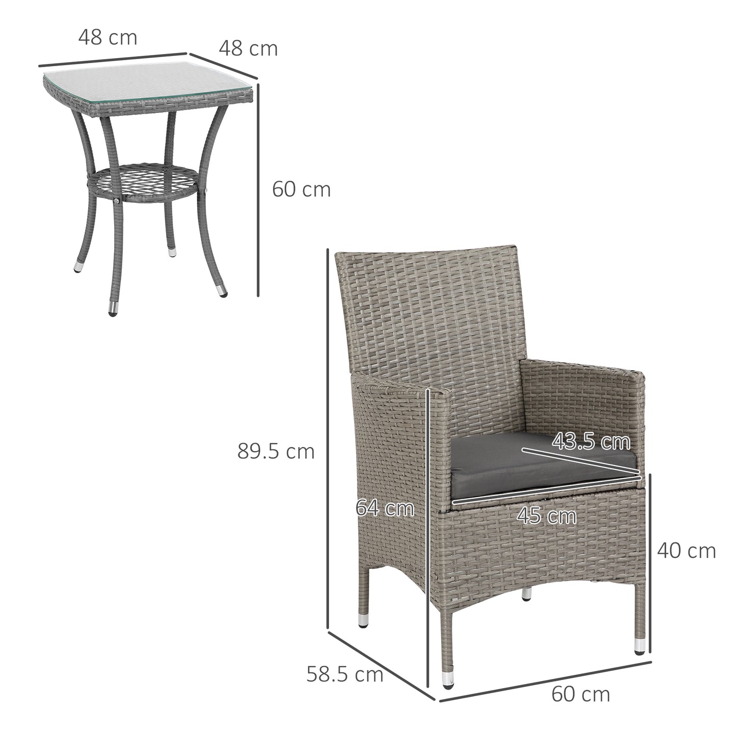 Garden Outdoor Rattan Furniture Bistro Set 3 PCs Patio Weave Companion Chair Table Set Conservatory, Light Grey