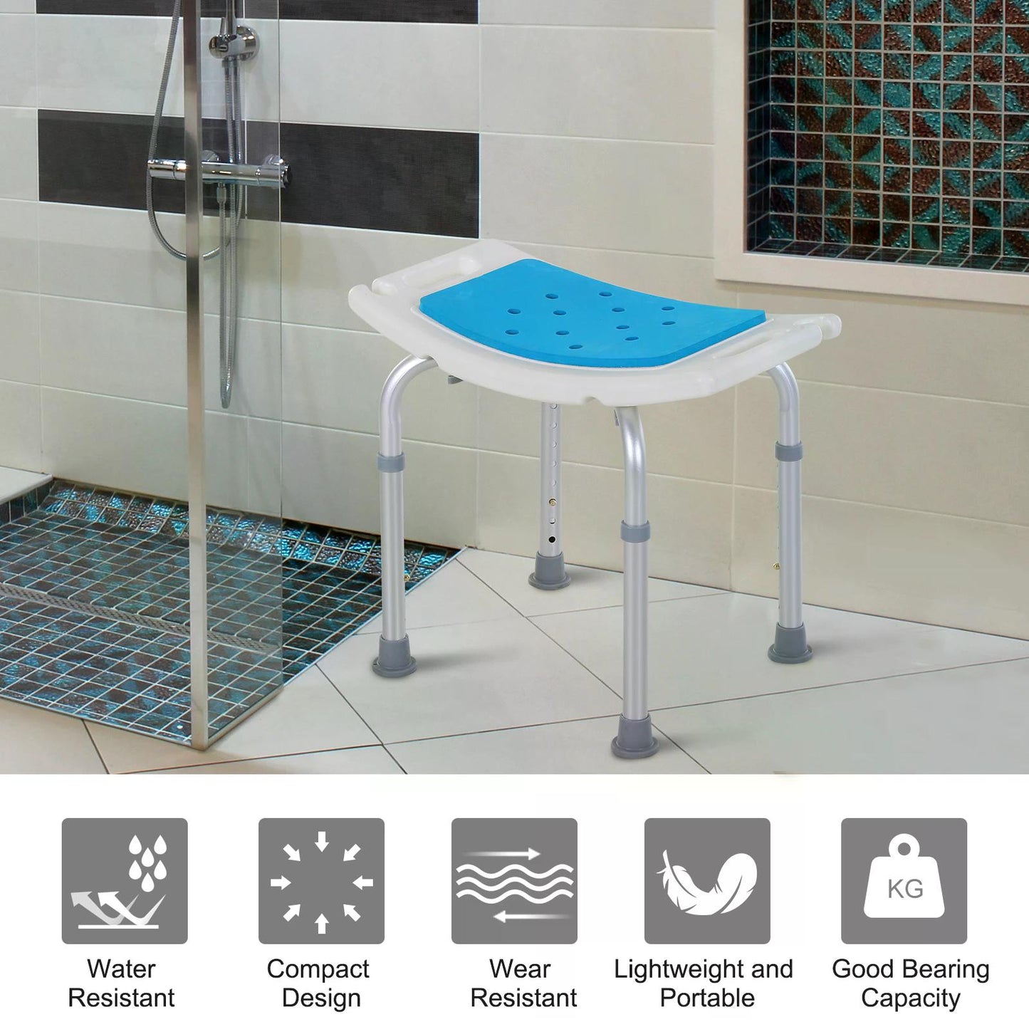 Aluminium Alloy 6-Level Non-Slip Bathroom Stool w/ Drainage Blue