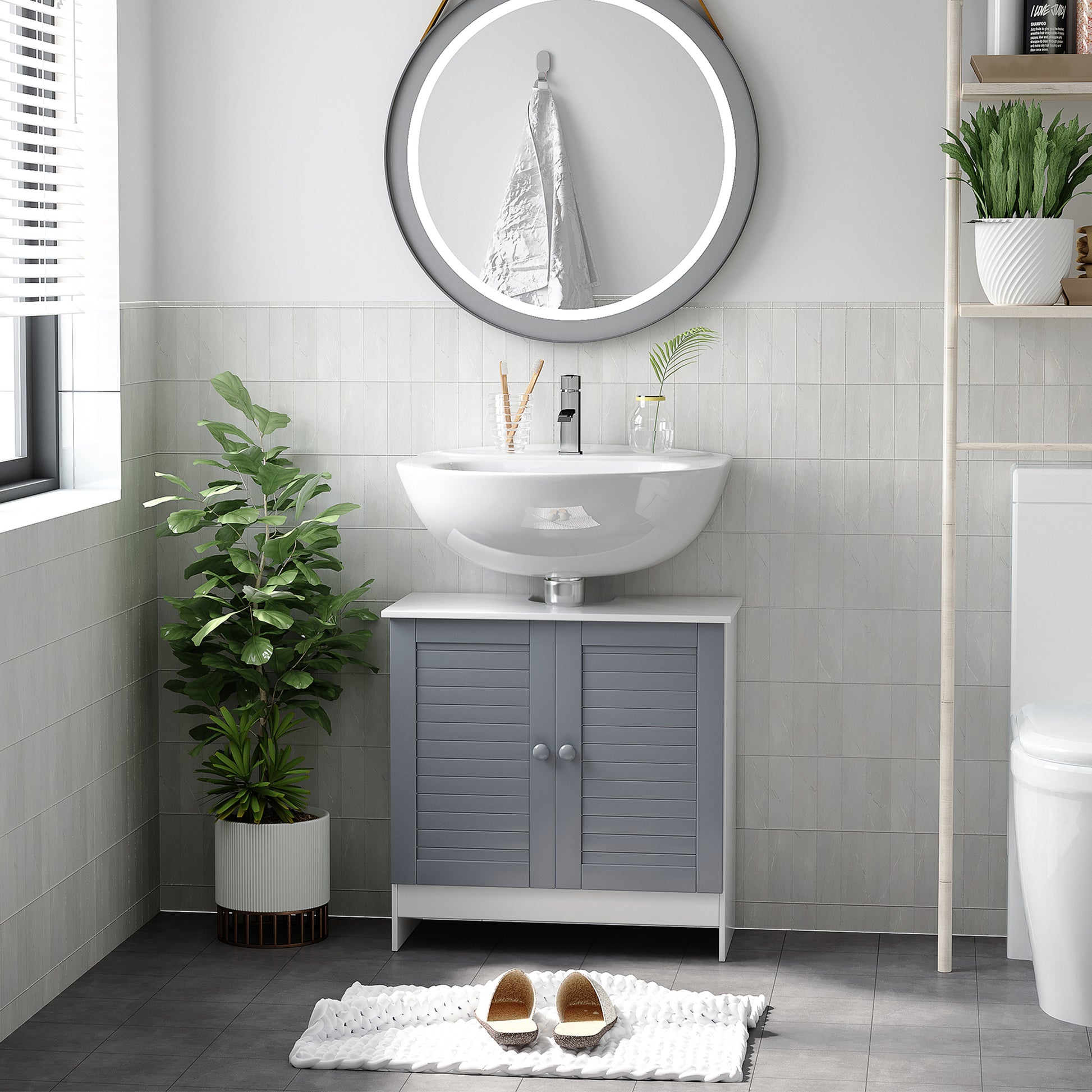 kleankin Under Sink Storage Bathroom Cabinet with Adjustable Shelf, Pedestal Under Sink Design, Grey and White