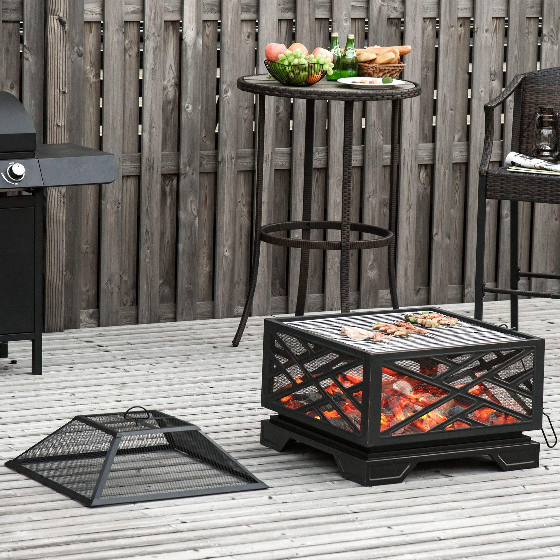 Outsunny Patio Fire Pit, 66cm 2 in 1 Square Metal Brazier for Garden, with BBQ Grill Shelf & Spark Screen Cover & Poker, Black