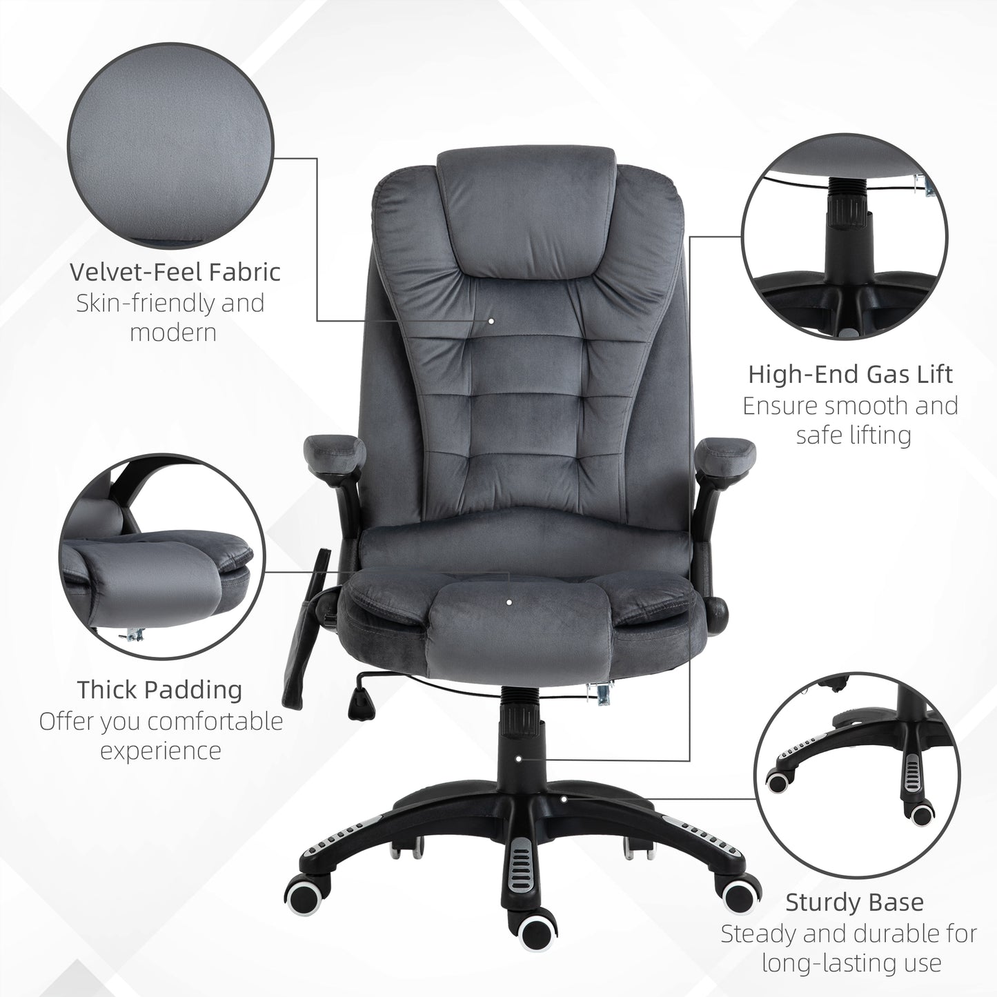 Executive Office Chair, Massage Office Chair, Office Chair, Burlap, 130°  Reclining, 360° Swivel Base, Velvet-Feel, Grey