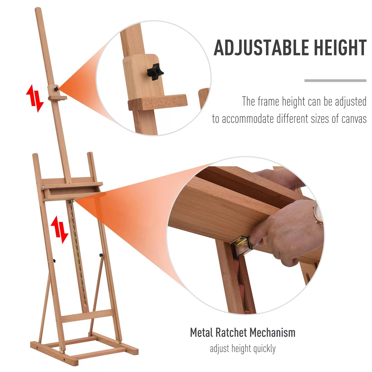 H-Frame Wooden Studio Easel Height Adjustable with Canvas Holder and Pencil Case for Display, Exhibition, Drawing, Painting