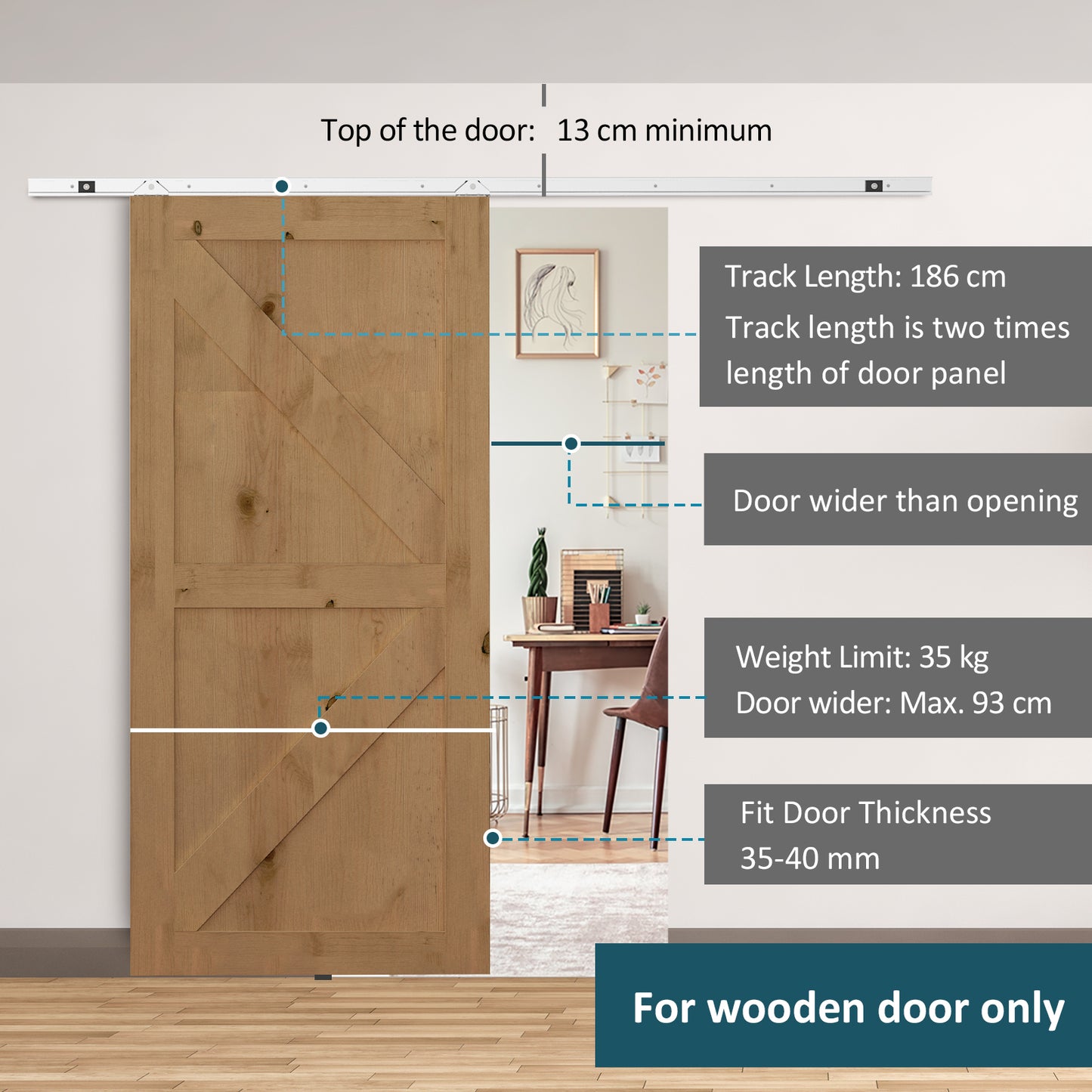 Shed Sliding Door Track System, Sliding Barn Door Kit Set, 6FT/186cm,for Single Wooden by Wood Roller Style Set-Silver