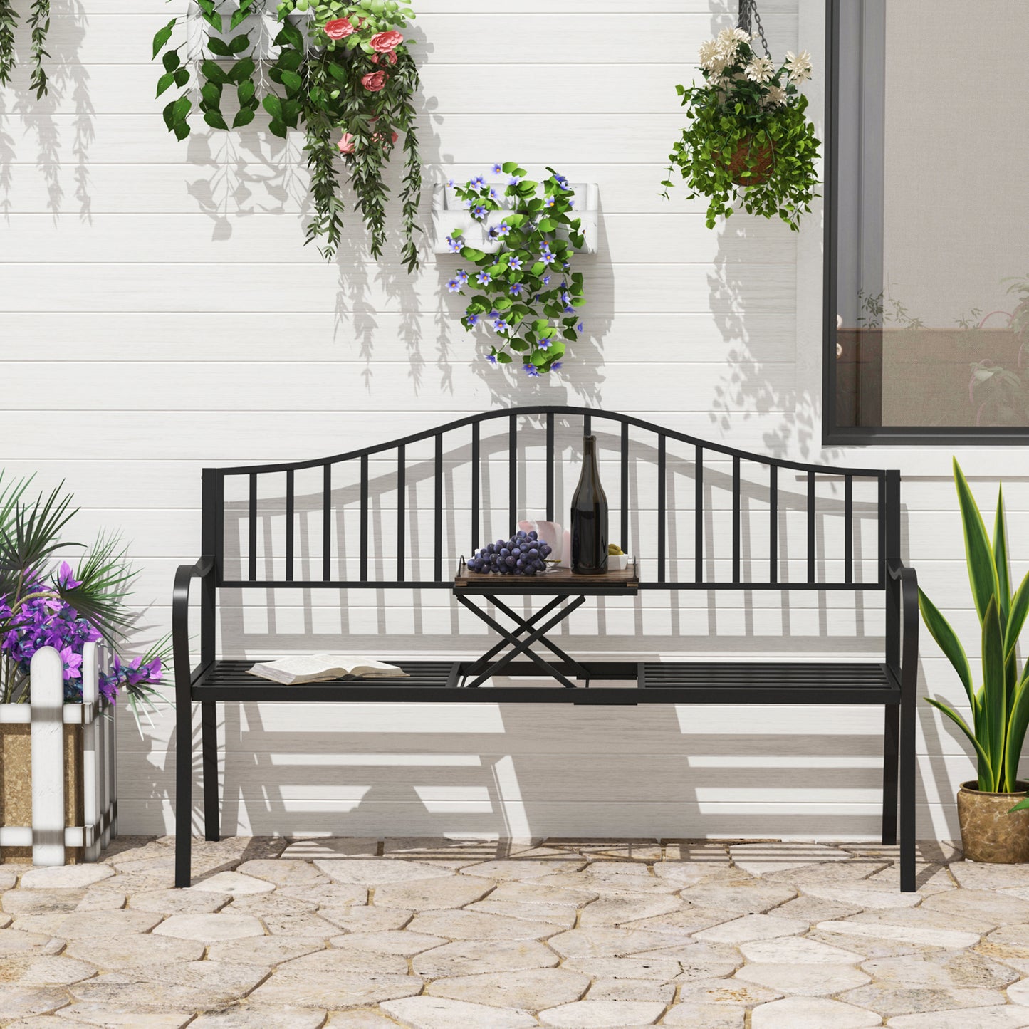 Outsunny Outdoor Deluxe Metal Frame Patio Park Garden Bench Middle Table 