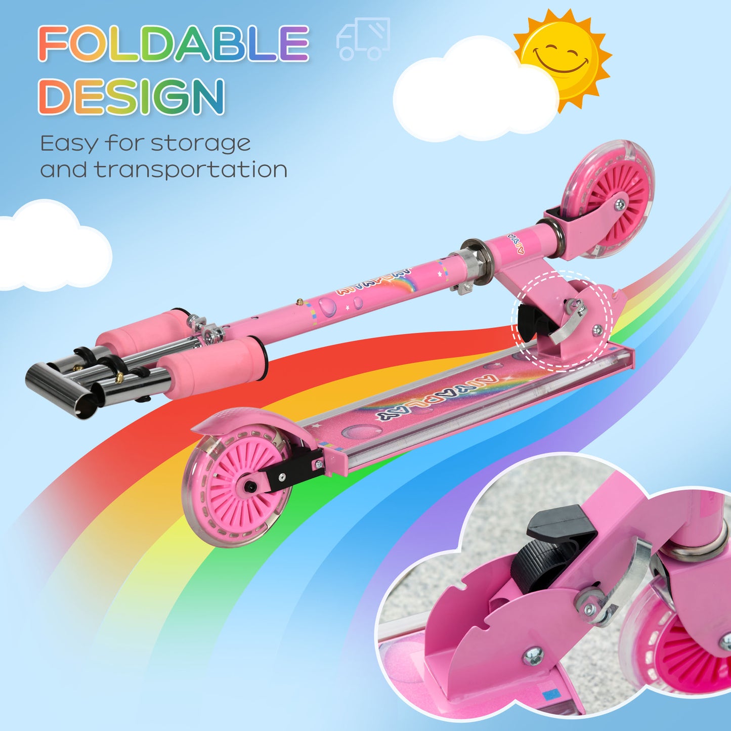 Childrens 2 Wheel Scooter,, with Lights, Music, Adjustable Height, Foldable Frame, for Ages 3-7 Years - Pink