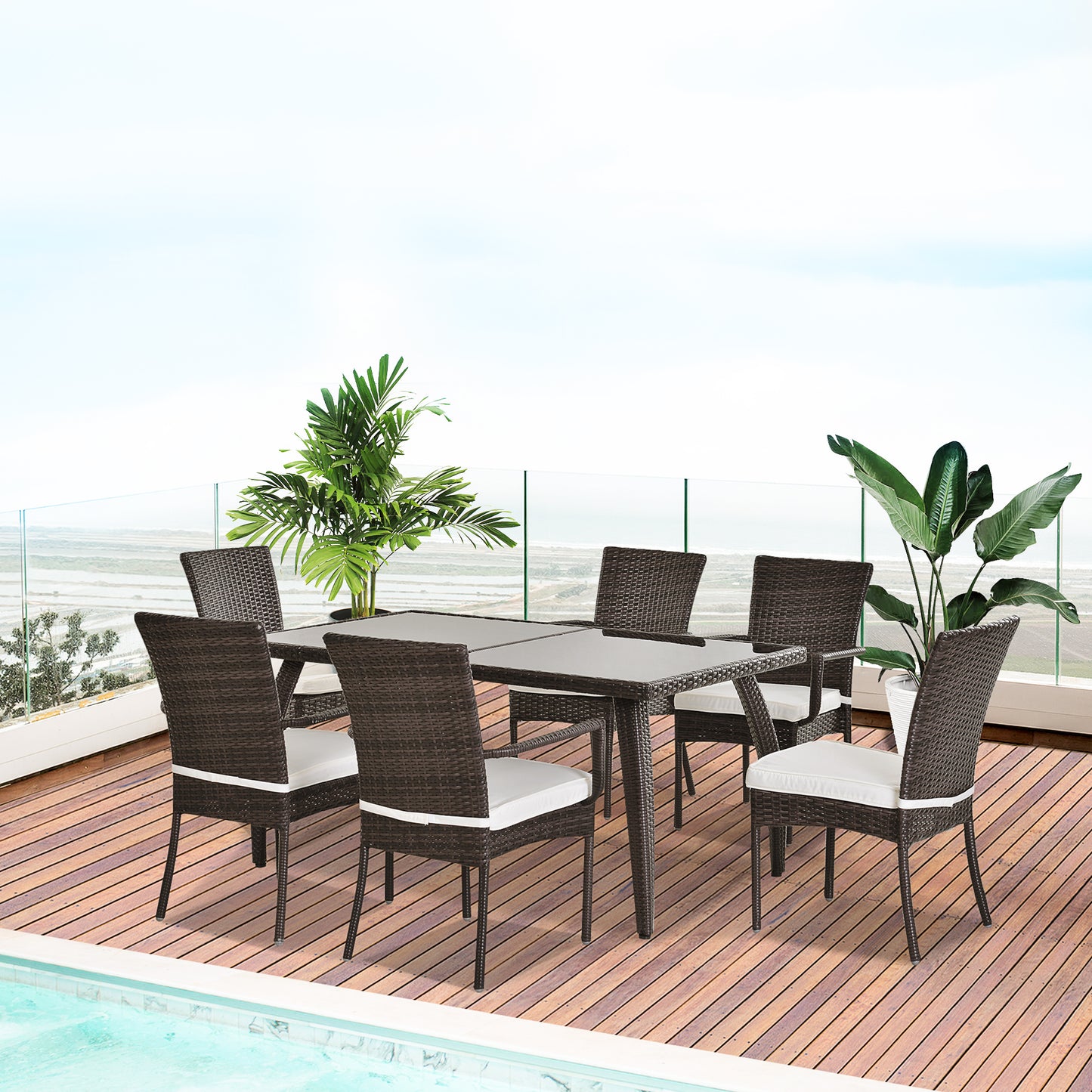 Outsunny 7PC Rattan Dining Set  6 Wicker Weave Chairs & Tempered Glass Top Dining Table  6 Seater Outdoor Backyard Furniture Brown 