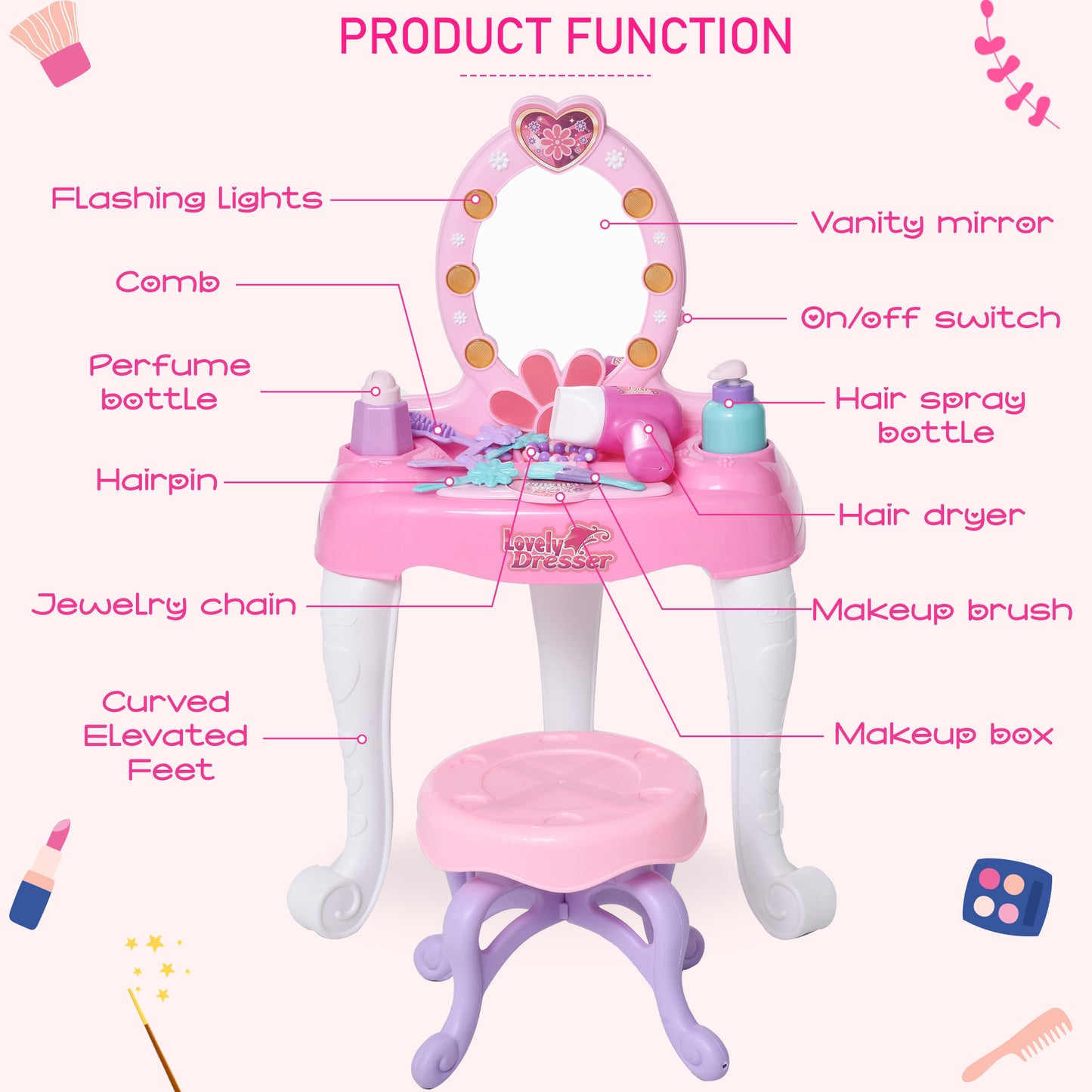 Childrens Makeup Table with Lights, Pink/White