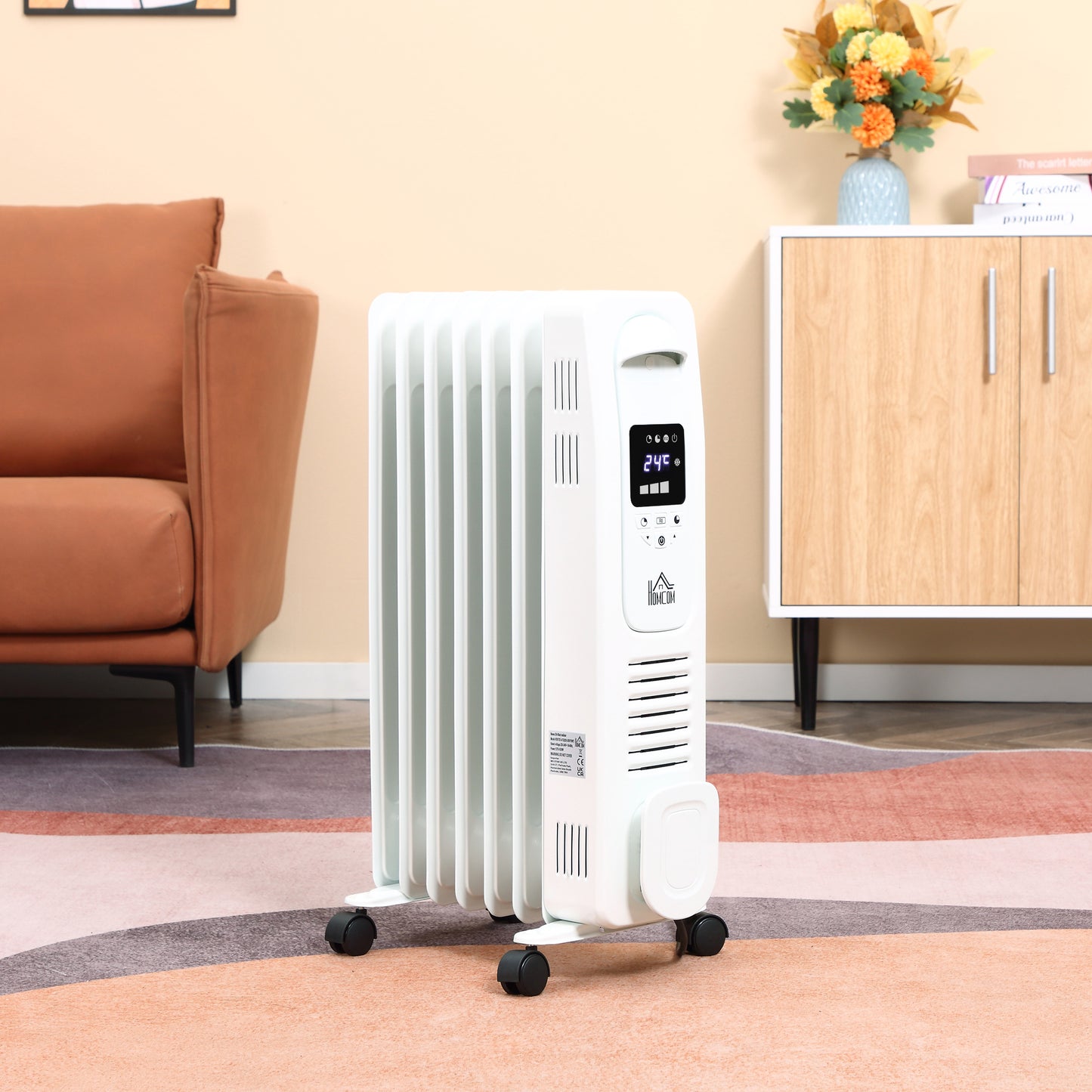 HOMCOM 1630W Oil Filled Radiator with Timer, Electric Radiator Portable, 7 Fin, with LED Display, 3 Heat Settings, White 