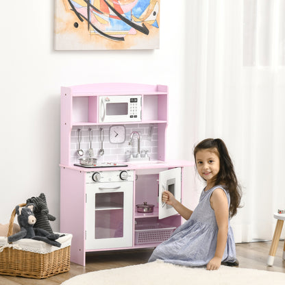 HOMCOM Pink Childrens Kitchen, with Lights, Sounds, Microwave, Sink and Storage 