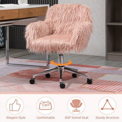 Faux Fur Desk Chair, Swivel Vanity Chair with Adjustable Height and Wheels for Office, Bedroom, Pink