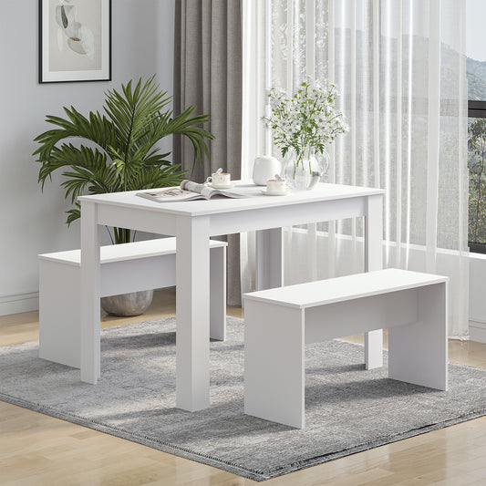 HOMCOM 3pcs Dining Table Set w/1 Kitchen Table & 2 Benches, Simple Modern Design Dinette Set for 2 People Use -White 