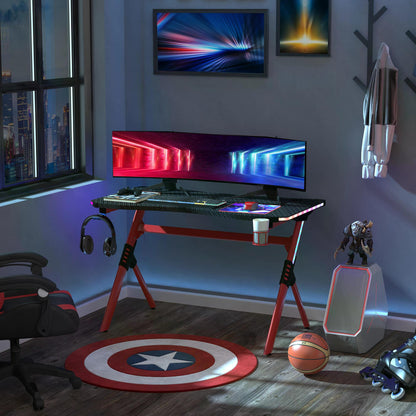 HOMCOM Gaming Computer Desk, with RGB LED Lights Racing Style Gaming Table with Cup Holder, Cable Management, Red 