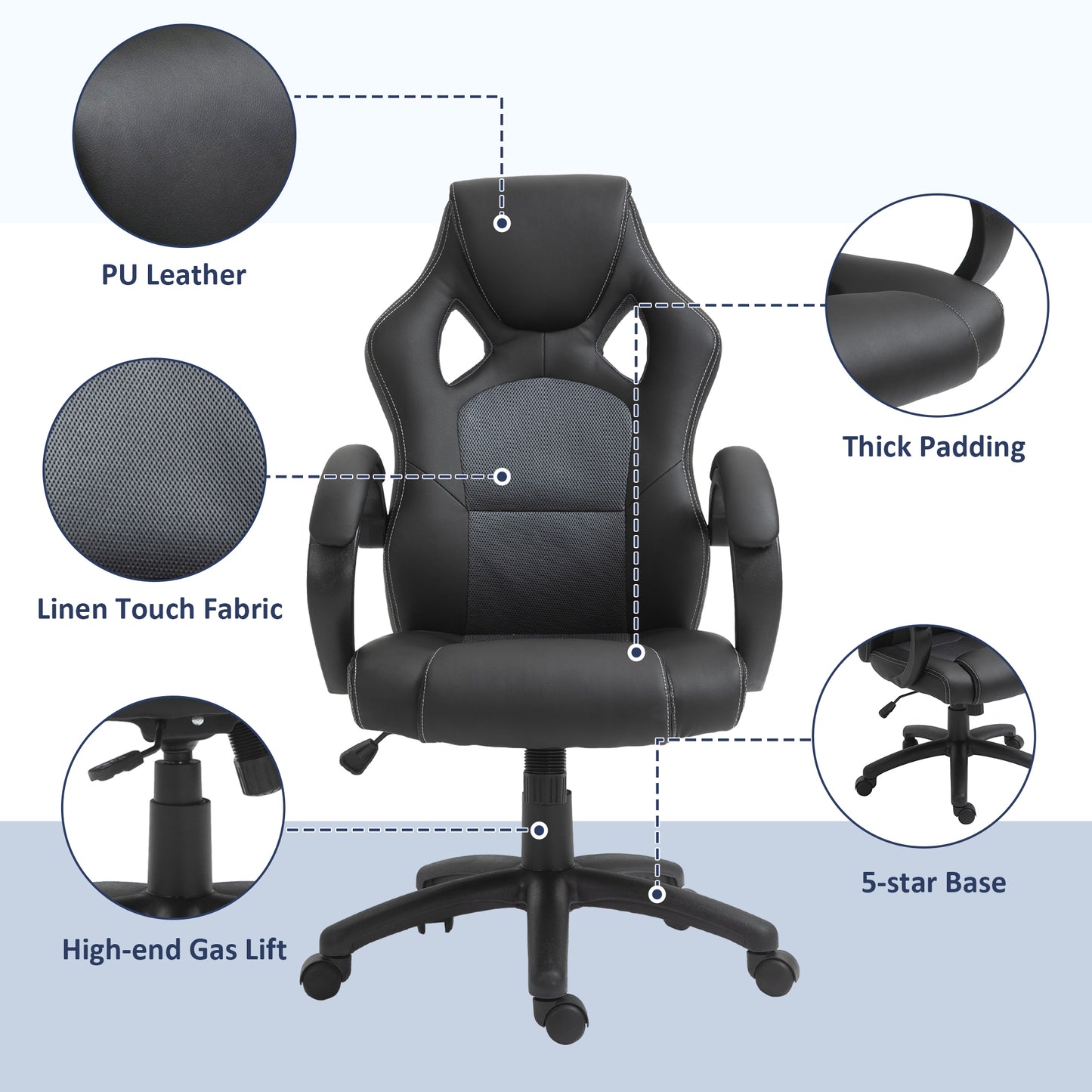 Homcom Black Leather Desk Chair, 360 degree Swivel, Height adjustable, w/Head Support