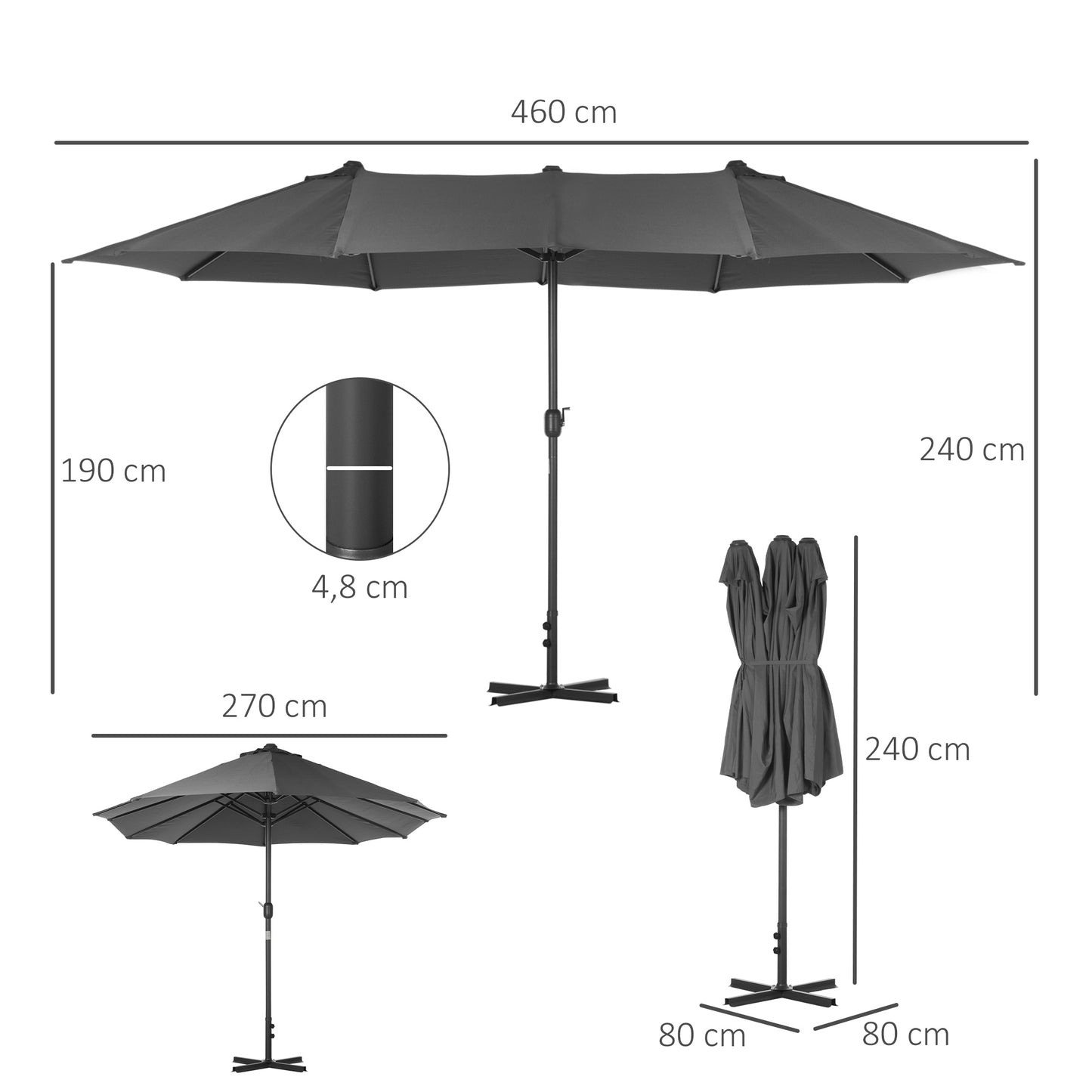 4.6m Garden Parasol Double-Sided Sun Umbrella Patio Market Shelter Canopy Shade Outdoor Grey