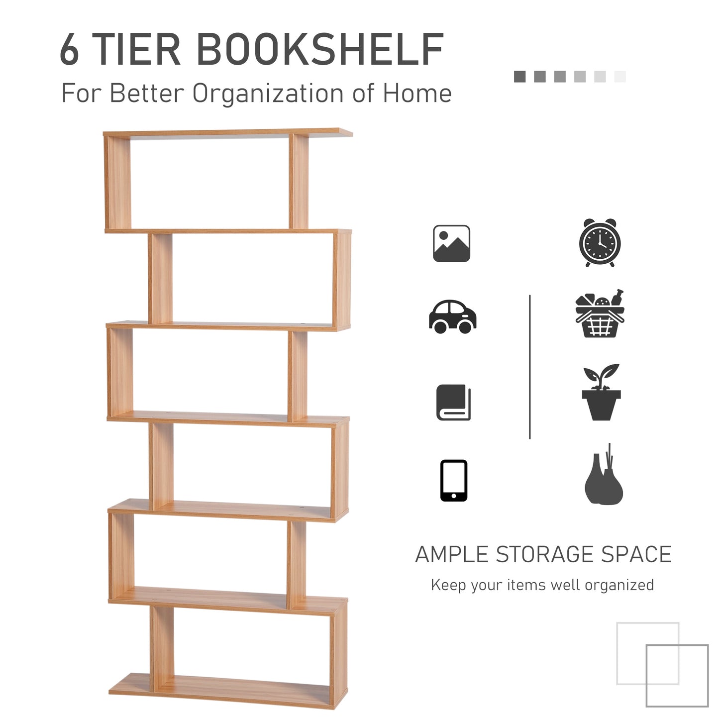 6 Tier Wooden Bookshelf Modern S-Shaped Shelf Unit Storage Display