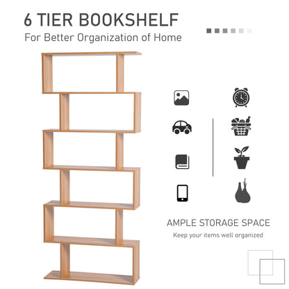 6 Tier Wooden Bookshelf Modern S-Shaped Shelf Unit Storage Display