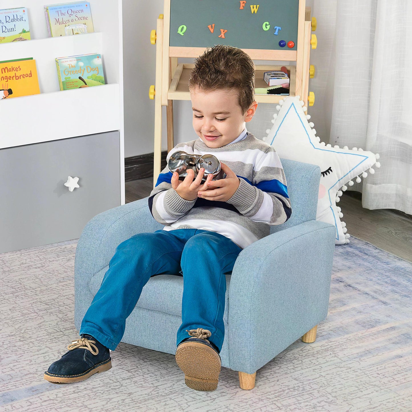 HOMCOM Kids Armchairs Children Sofa Kids Sofa Upholstered Armchai Kids Mini Sofa Children Armchair Kids Elevated Linen Armchair - Blue