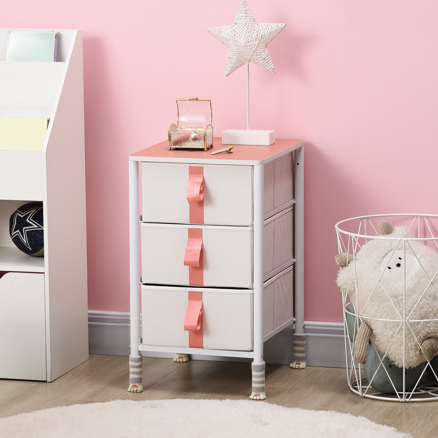 HOMCOM 3 Drawer Chest of Drawers, Fabric, Metal Frame and Wooden Top, Storage Cabinet for Kids Room, Living Room, Pink 