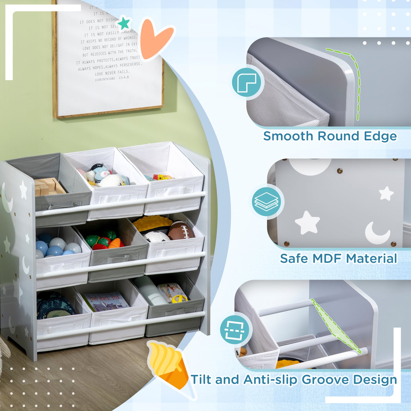 ZONEKIZ Childrens Toy Storage Unit with 9 Removable Storage Baskets, Toy Box Organiser with Shelf, Grey