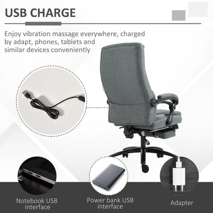 Office Chair with Footrest, Two-Point Massage Pillow, 130° Reclining, Linen, Adjustable Height, Grey