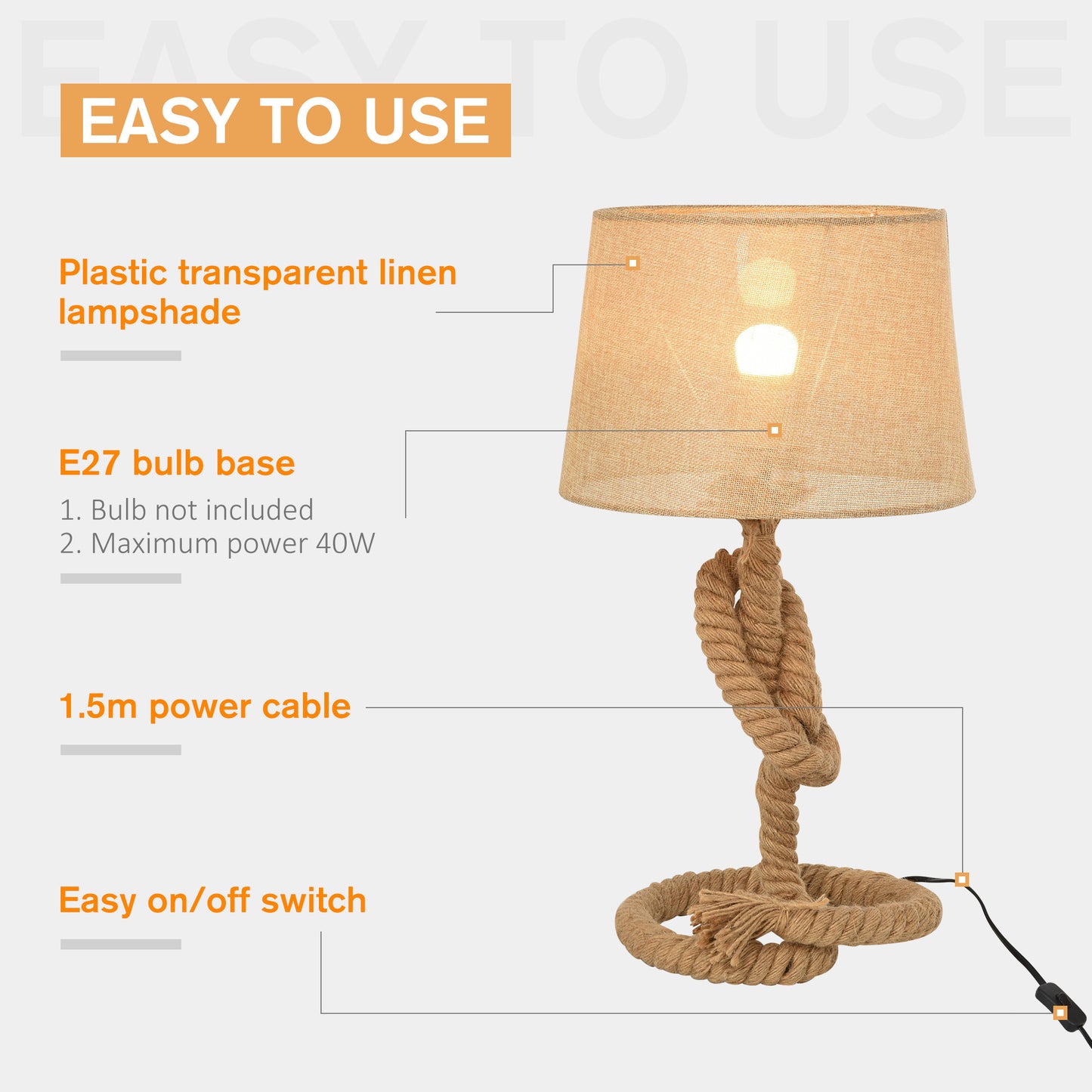 Bedside Reading Lamps, Hemp Rope Linen Shade Table Lamp Beige