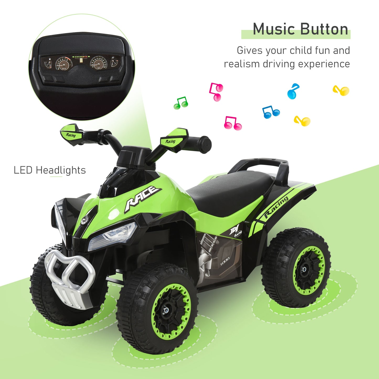 Kids Electrical Quad Bike, Ride On Car, for Toddlers 4-Wheel PP Walker Foot To Floor Green/Black