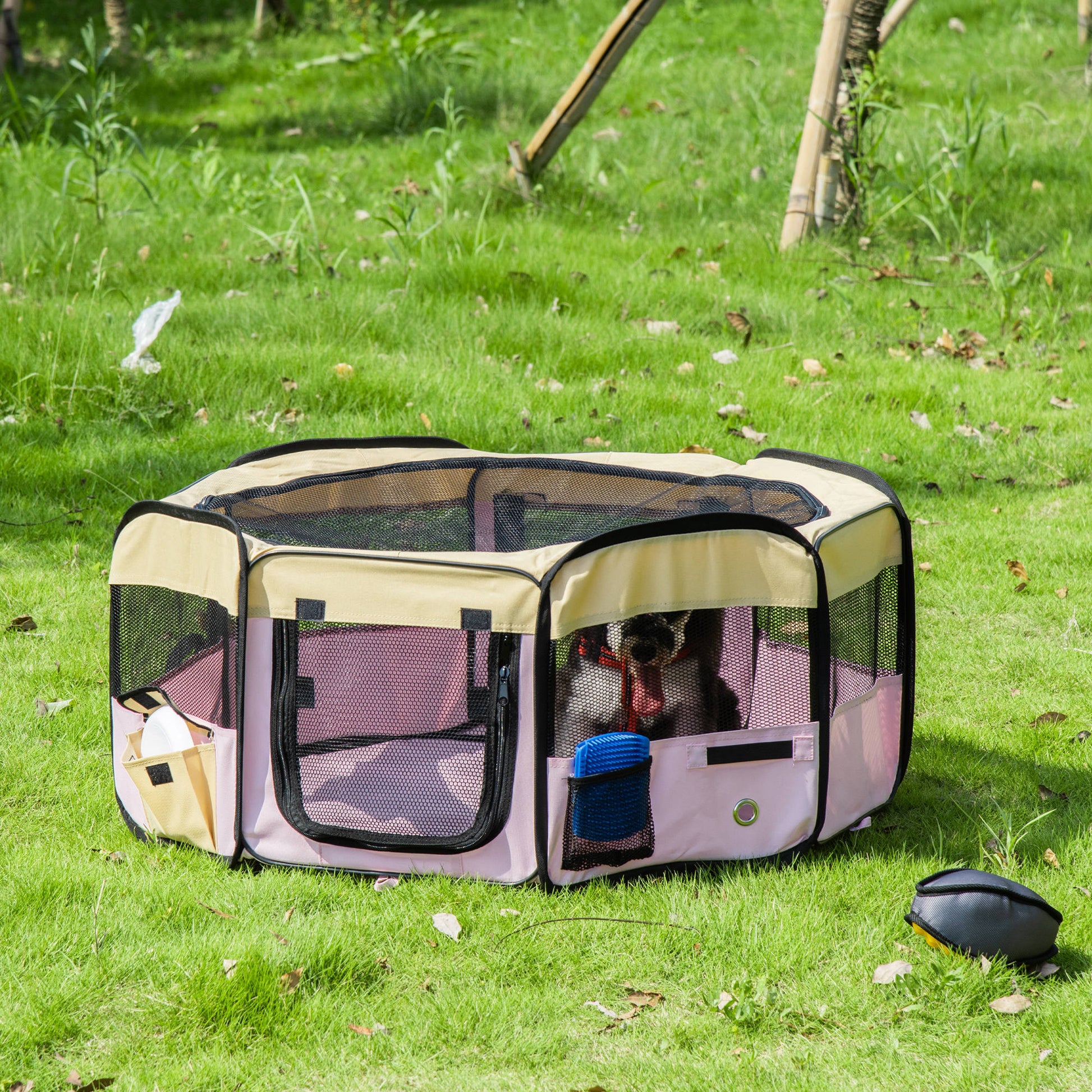 PawHut Fabric Folding Pet Playpen 8 Panels Octagon Shape Portable Rabbit Guinea Pig Play Pen L37 x H37cm x D90cm -Pink