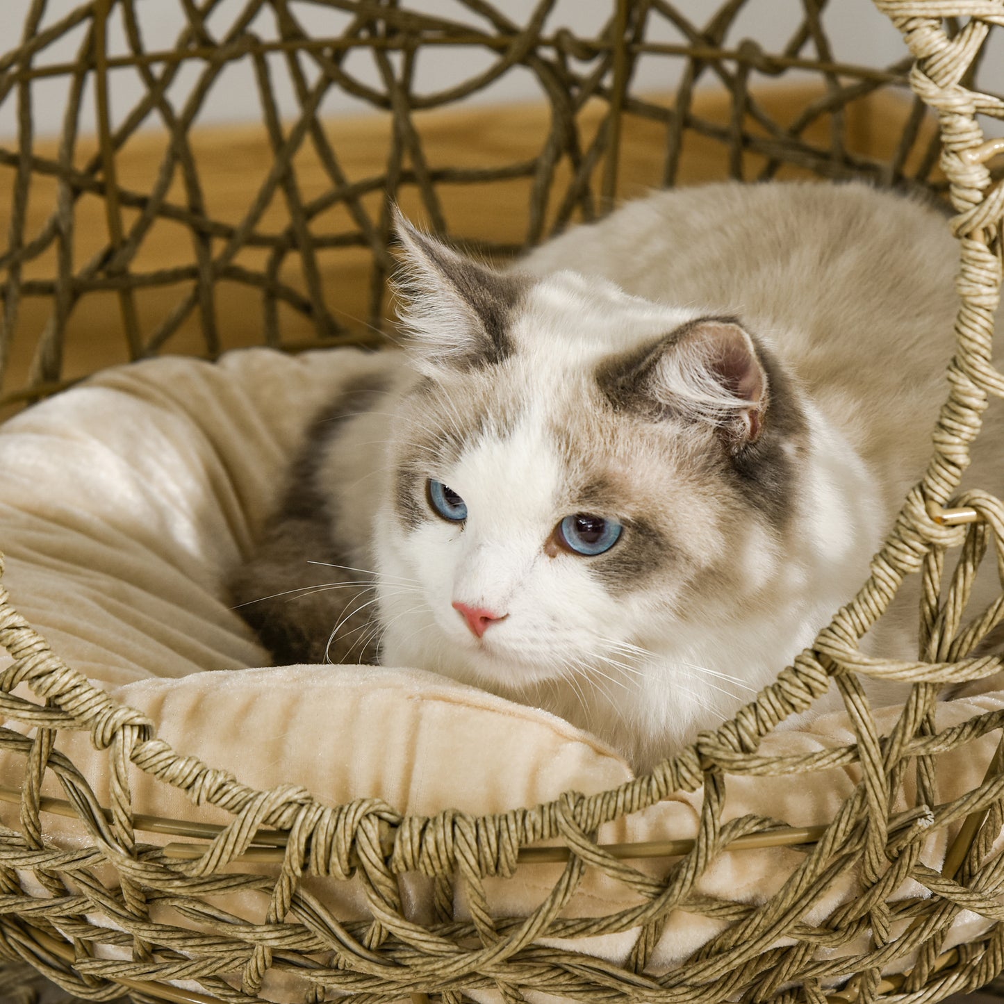 Cat Cave Rattan Cat Bed Kitten Basket Pet Den. House Cozy Cave with Soft Cushion Φ48 x 52cm Brown