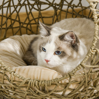 Cat Cave Rattan Cat Bed Kitten Basket Pet Den. House Cozy Cave with Soft Cushion Φ48 x 52cm Brown