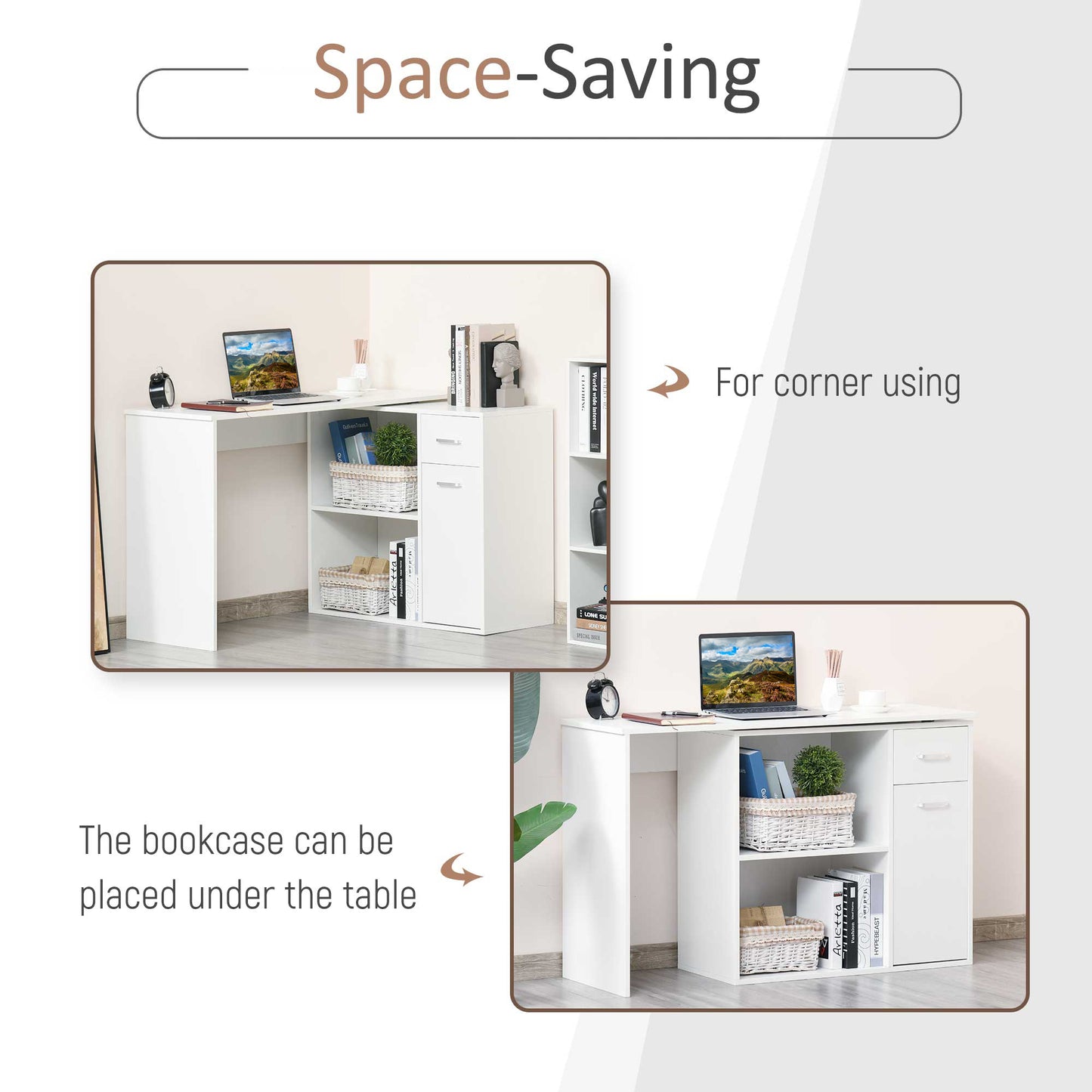 Modern L-Shaped Desk 180° Rotating Corner Computer Table for Gaming Study Home Office Living Room White