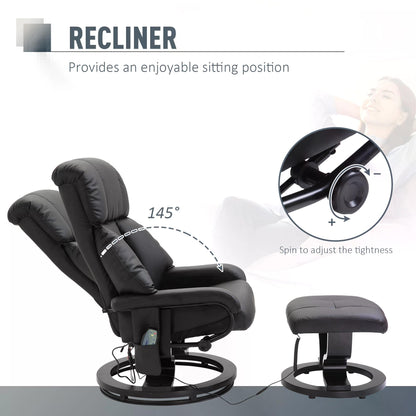 Massage Recliner Armchair, w/ Footstool, Leather, 145° Reclining, 360° Swivel, 10-point Massage, Black