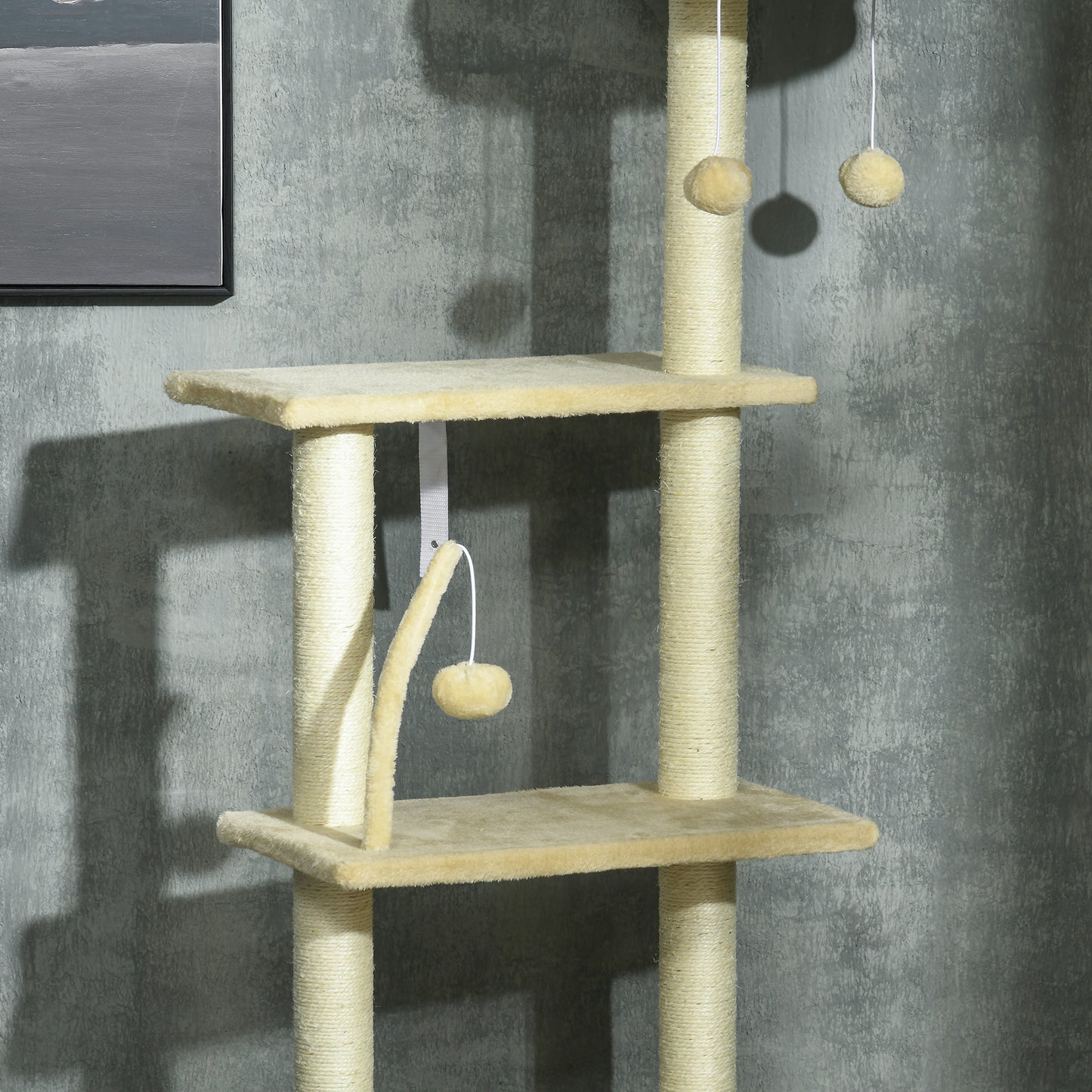 Floor to Ceiling Cat Tree, 90.5" - 98.5" Adjustable Height, Cat Climbing Tower with Carpeted Platforms, Scratching Posts, Beige