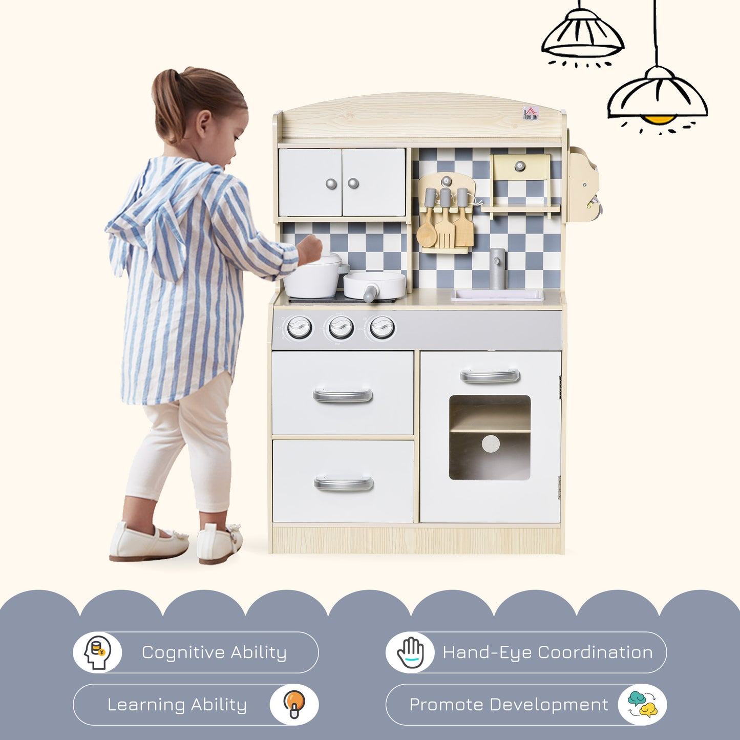 Childrens Toy Kitchen, Natural Wood w/ Multi-Storage