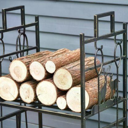 2-Layer Heavy Duty Firewood Rack Wood Log Fireplace Stacker  w/ 4 Tools, Gold