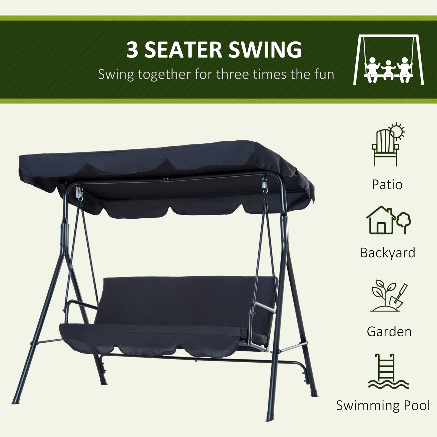 Hammock Swing Chair, 3-Seater, Adjustable-Black