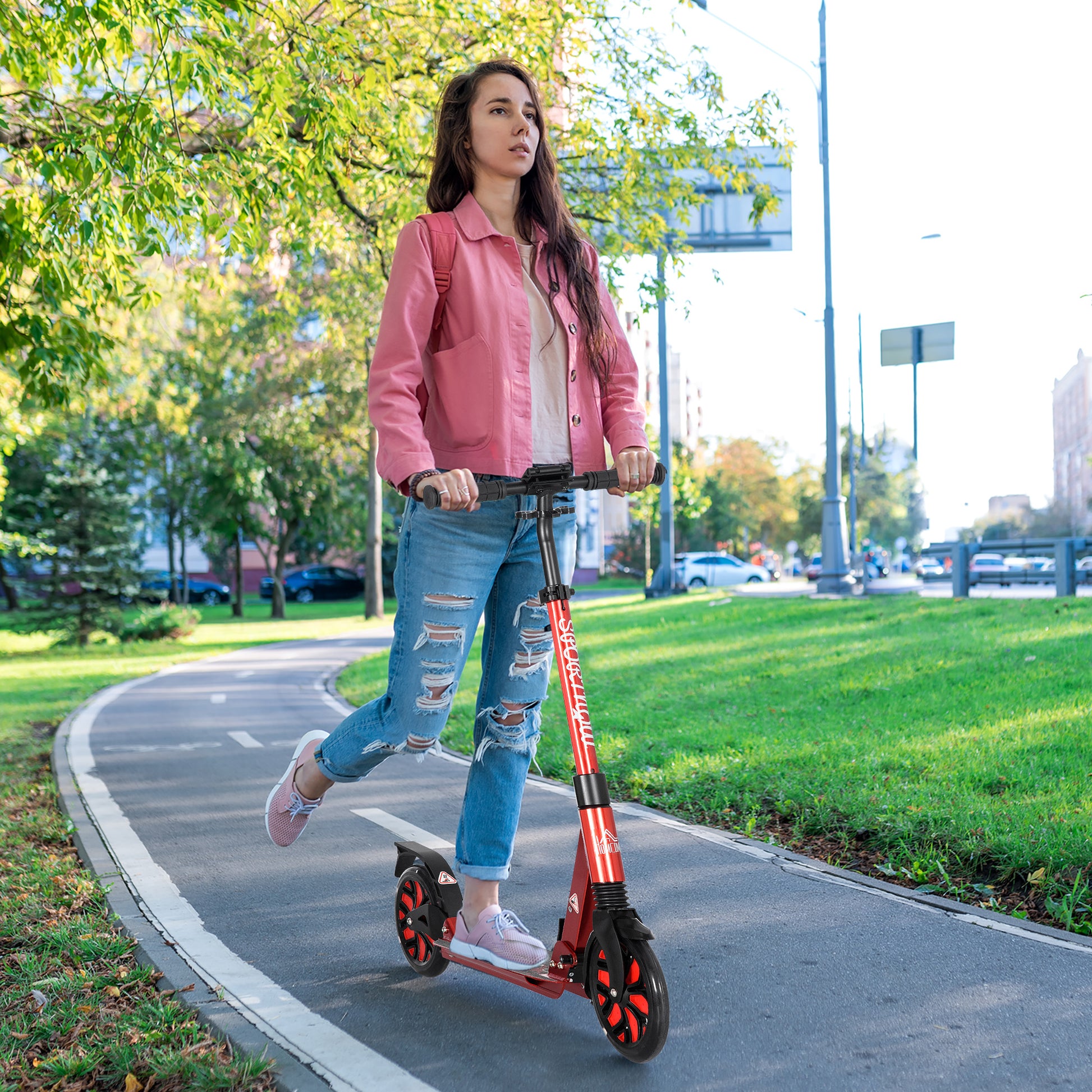 HOMCOM Adult Kick Scooter, Foldable w/ Adjustable Handlebar, Kickstand, Dual Shock Absorber, 200mm Wheels & ABEC-9 Bearing, Red 