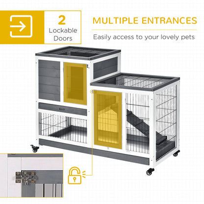 Wooden Indoor Rabbit Hutch Elevated Cage Habitat with Enclosed Run w/Wheels, Ideal for Rabbits and Guinea Pigs, Grey and White